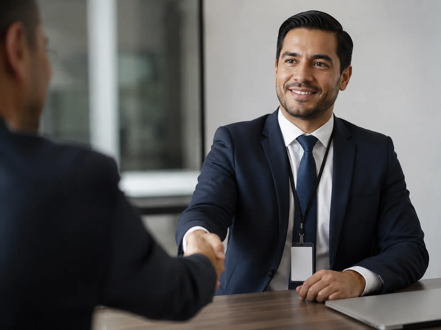 Empleado de confianza con traje formal y gafete estrechando la mano de otra persona en una oficina moderna, representando responsabilidad, confianza y relación profesional.