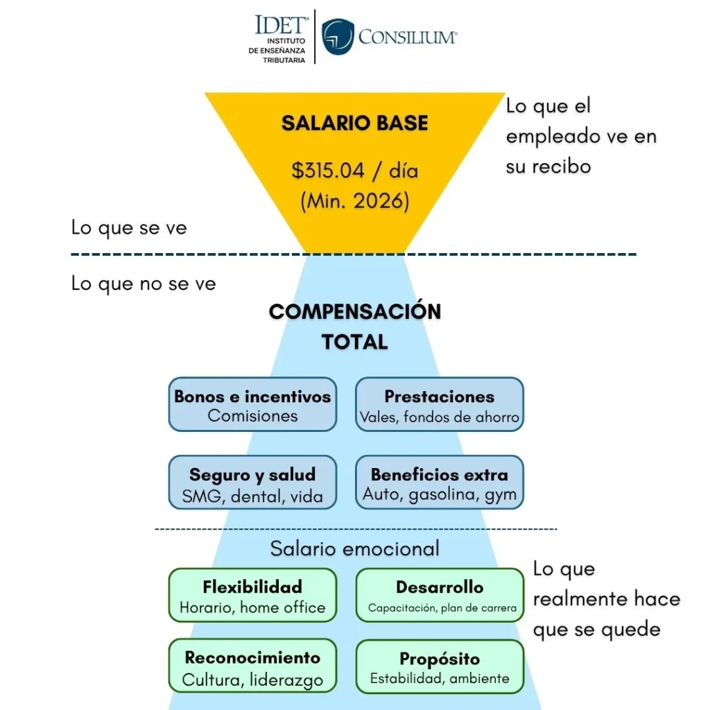 Iceberg de la compensación total: el salario base es solo la parte visible; bonos, prestaciones, beneficios y salario emocional conforman la mayor parte de lo que recibe un colaborador