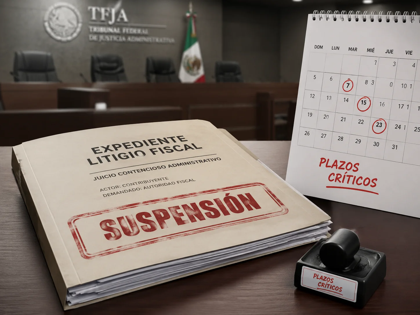 Expediente de litigio fiscal con sello de SUSPENSION y calendario de plazos criticos del TFJA sobre escritorio (Hecho con IA)