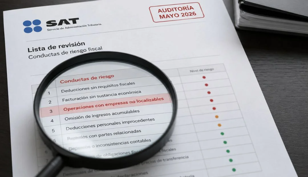 Auditoría SAT mayo 2026: lupa sobre documento fiscal con señales de alerta