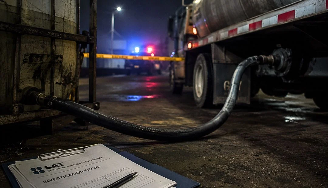 Escena nocturna con manguera de combustible, camión cisterna y libreta del SAT en zona industrial oscura (Hecho con IA)