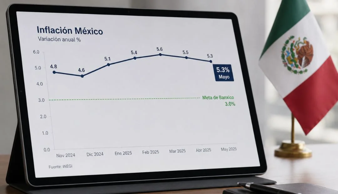 Tableta con gráfica de inflación en México mostrando 5.3% sobre la meta de Banxico junto a bandera mexicana (generado con ia).