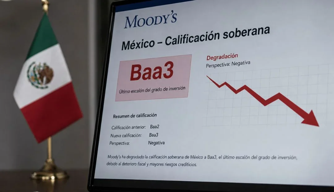 Pantalla con informe Moody's que muestra la calificación Baa3 de México junto a bandera mexicana y gráfica de tendencia negativa (generado con IA).