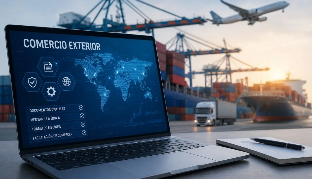 Representación de los avances en digitalización, automatización de trámites y facilitación del comercio exterior ante el crecimiento del nearshoring, la logística internacional y las cadenas de suministro en México.