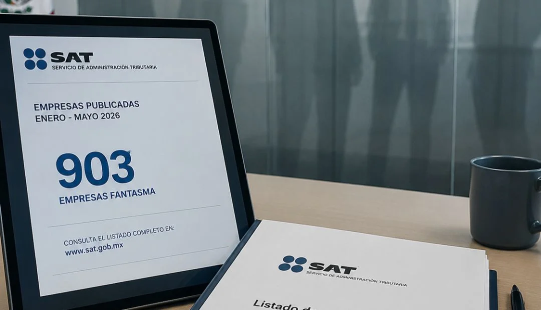 Imagen alusiva a la publicación del SAT sobre 903 empresas fantasma identificadas en México durante 2026, así como a las acciones de fiscalización, revisión de contribuyentes y combate a operaciones inexistentes.