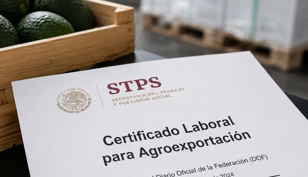 Imagen representativa del Certificado Laboral para Agroexportación publicado por la STPS en el Diario Oficial de la Federación, enfocado en el cumplimiento de obligaciones laborales en empresas del sector agroexportador.
