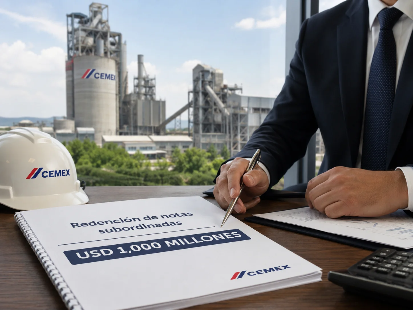 Ejecutivo revisando documento "Redención de notas subordinadas USD 1,000 millones" con planta CEMEX al fondo.