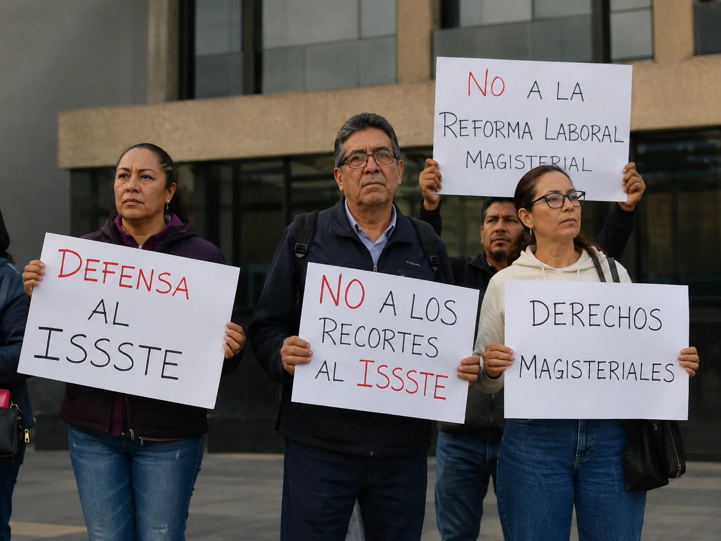 Manifestantes sosteniendo pancartas: "Defensa al ISSSTE", "No a los recortes al ISSSTE", "No a la Reforma Laboral Magisterial", "Derechos Magisteriales".