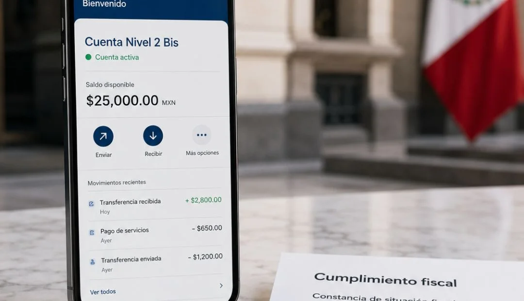 Smartphone mostrando interfaz de la Cuenta Nivel 2 Bis con saldo y movimientos recientes, junto a documento de cumplimiento fiscal y bandera de México al fondo.