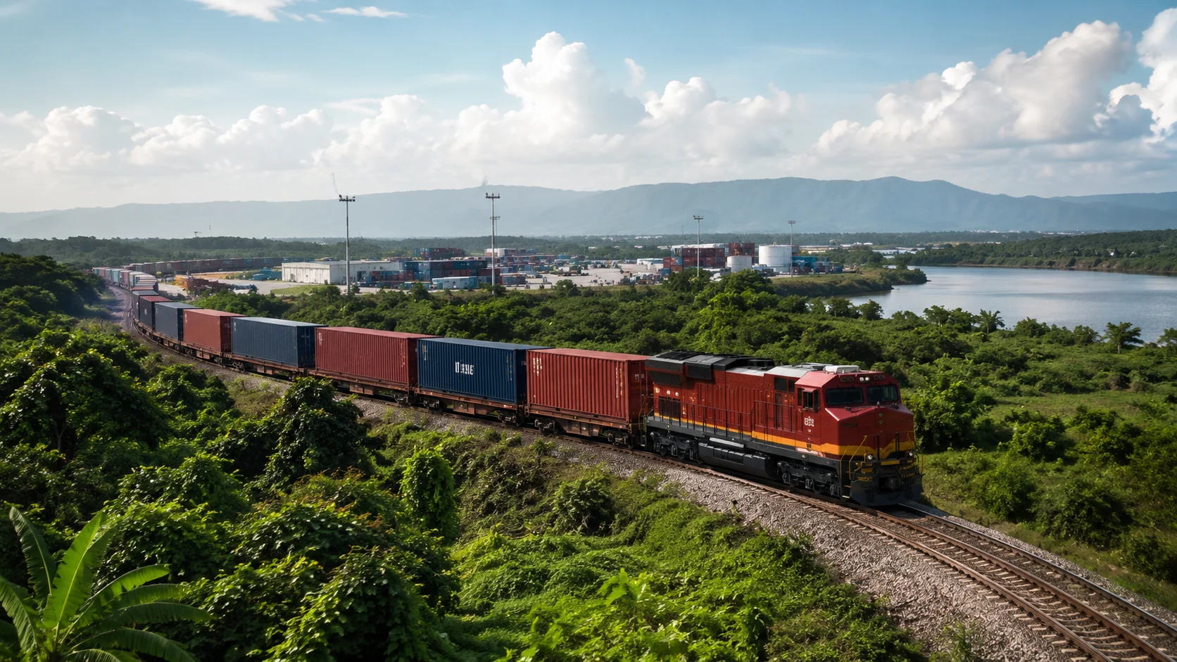 Tren de carga con contenedores atravesando paisaje tropical con río y montañas al fondo.