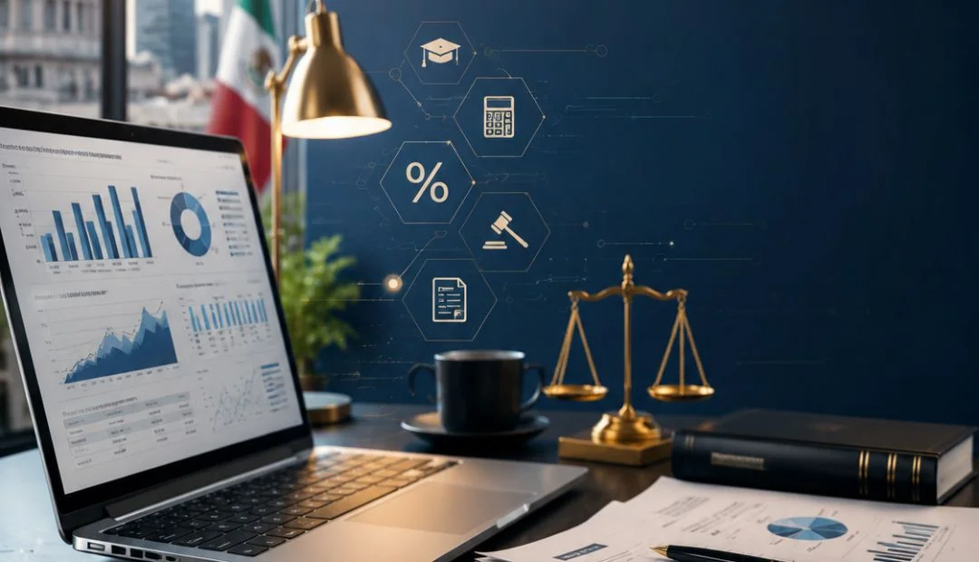 Escritorio profesional con laptop mostrando gráficas financieras, balanza de justicia dorada e íconos de derecho fiscal, alusivos a la reforma al procedimiento contencioso administrativo ante el TFJA.