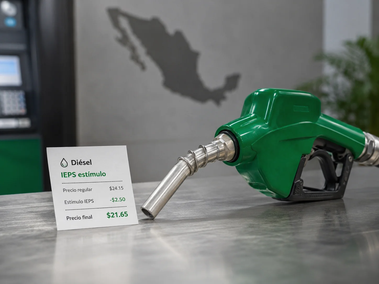 Pistola de despacho de diésel verde junto a tarjeta con precio regular, estímulo IEPS y precio final, silueta de México de fondoPistola de despacho de diésel verde junto a tarjeta con precio regular, estímulo IEPS y precio final, silueta de México de fondo