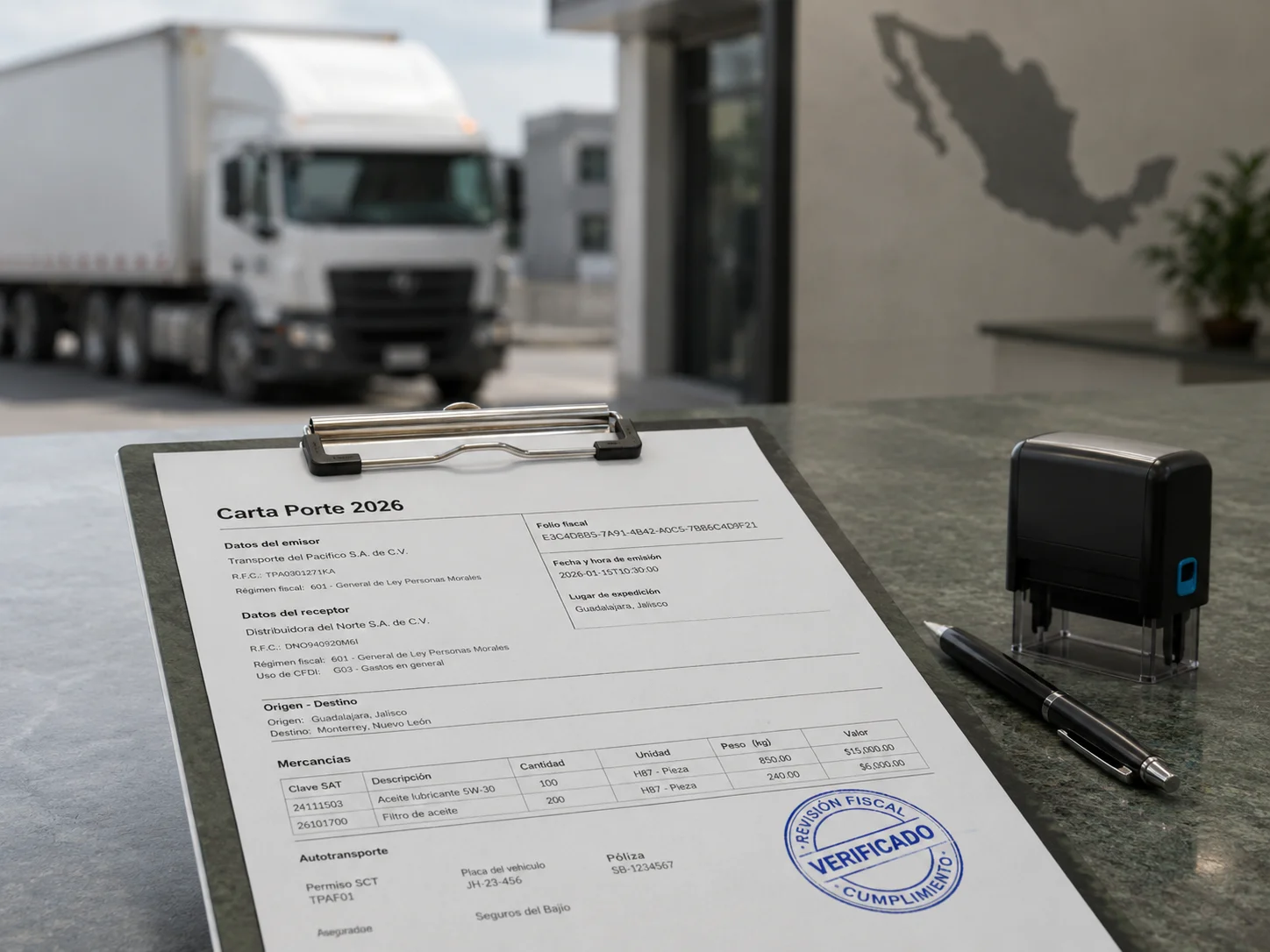 Documento de Carta Porte 2026 en portapapeles con sello de verificación fiscal, camión de carga y sello de goma al fondo