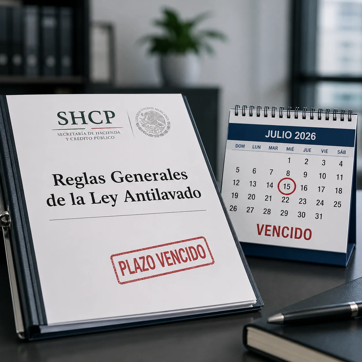 Documento de la SHCP con las Reglas Generales de la Ley Antilavado sellado como plazo vencido, junto a un calendario de julio 2026 marcado como vencido