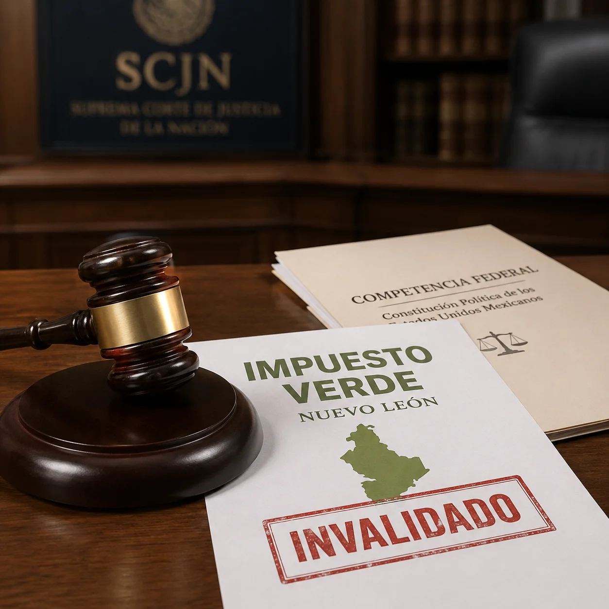 Mazo de juez junto a un documento del impuesto verde de Nuevo León sellado como invalidado, con un folder de competencia federal de fondo en la SCJN