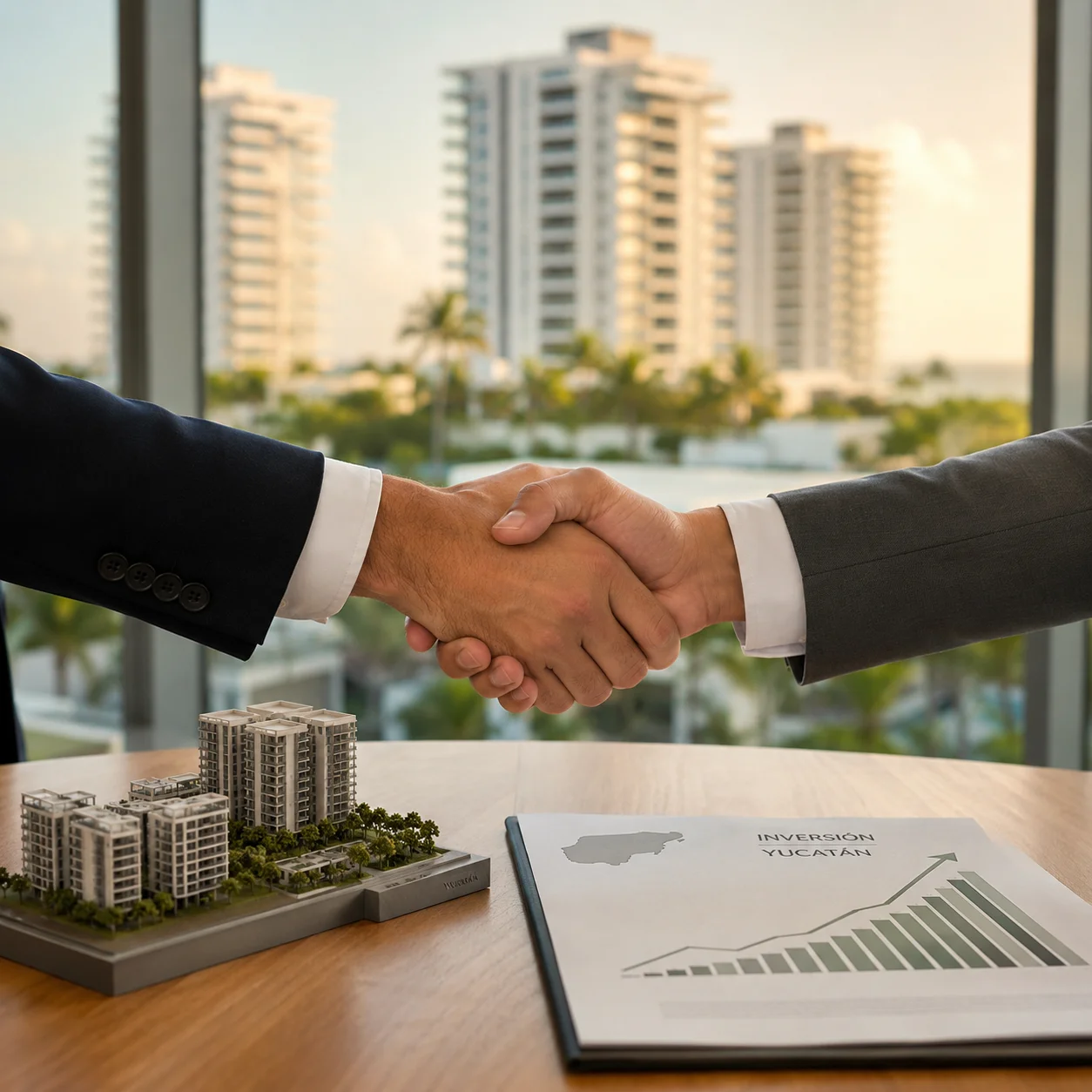 Apretón de manos sobre una maqueta de edificios y un reporte de inversión en Yucatán con gráfica ascendente, con vista a torres residenciales del sureste mexicano