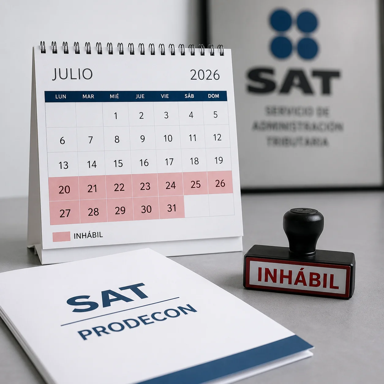 Alt text: Calendario de julio 2026 con los días del 20 al 31 marcados como inhábiles, junto a un sello de inhábil y documentos del SAT y Prodecon