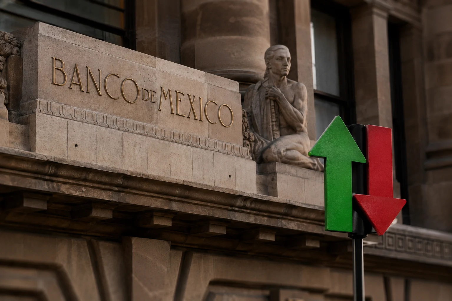 Fachada del Banco de México con flechas verde hacia arriba y roja hacia abajo que simbolizan la división de expectativas sobre la tasa de interés