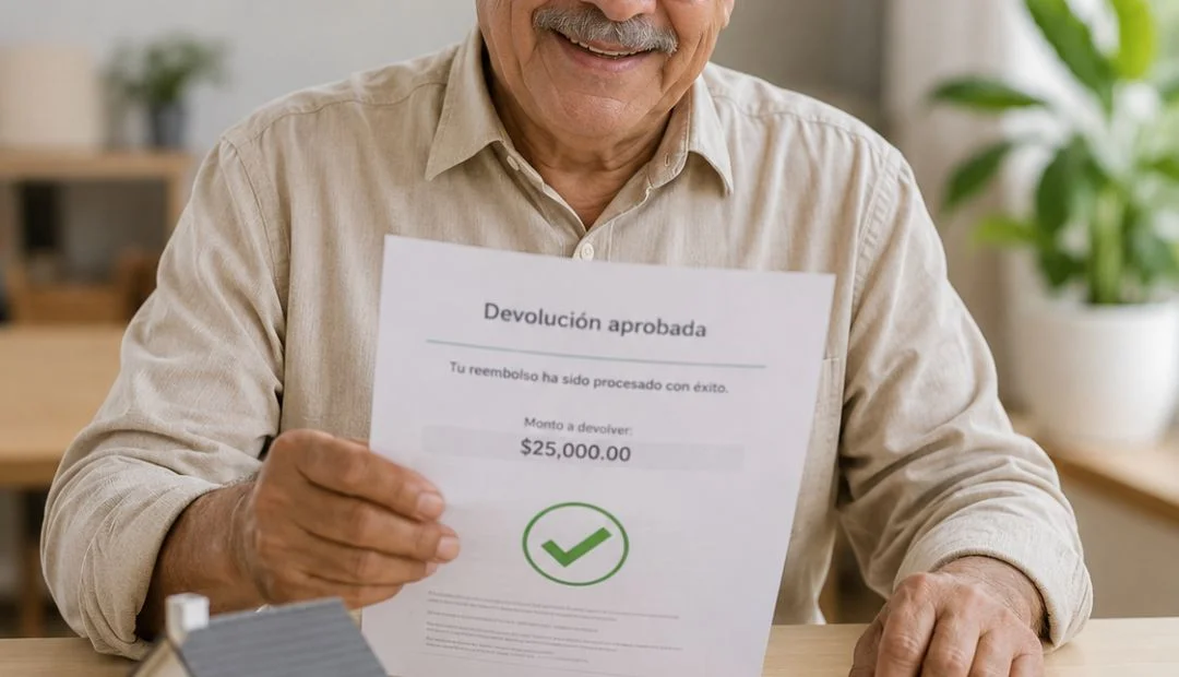 Adulto mayor sosteniendo documento con la leyenda "Devolución aprobada" por $25,000 pesos, representando el retiro de subcuenta de vivienda para pensionados del IMSS bajo la Ley 73.