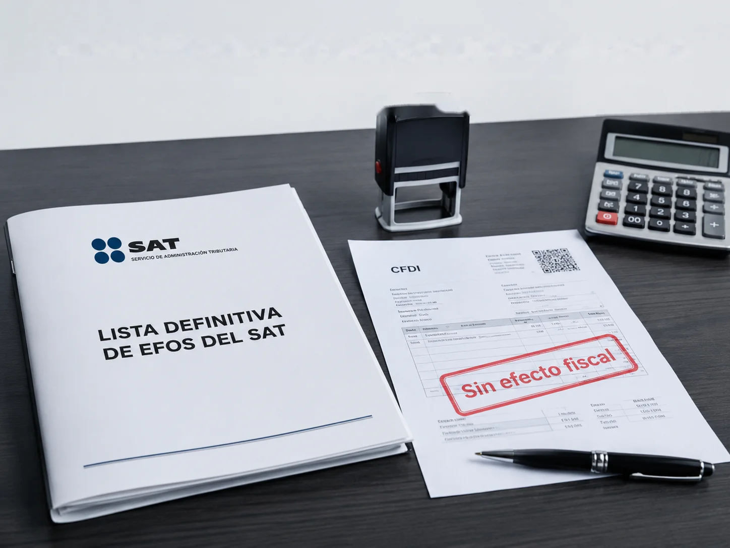 Carpeta con la lista definitiva de EFOS del SAT junto a una factura sellada como sin efecto fiscal conforme al artículo 69-B.