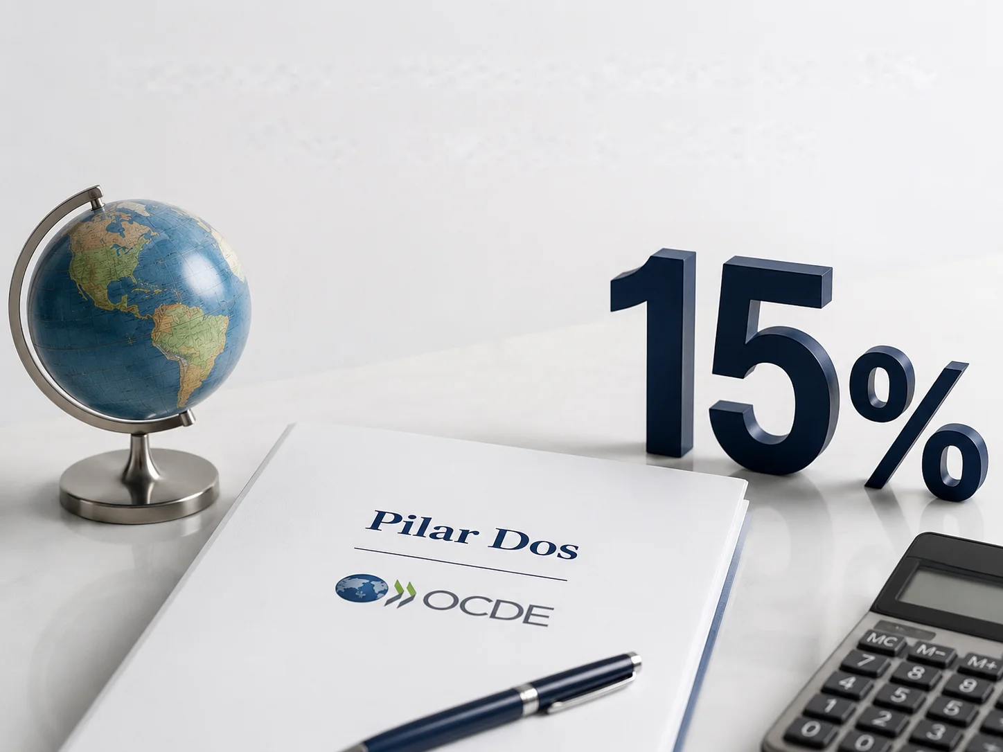Globo terráqueo junto a un 15 por ciento y un documento del Pilar Dos de la OCDE sobre el impuesto mínimo global.