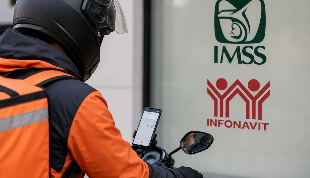 Repartidor en motocicleta consultando el mapa en su teléfono frente a los logotipos del IMSS e Infonavit