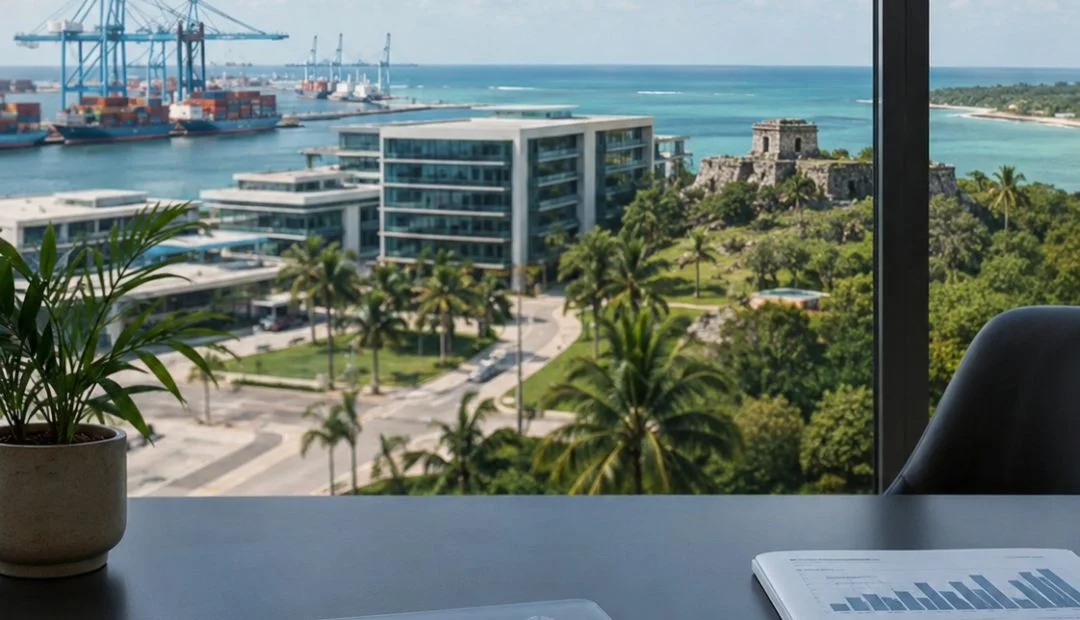 Vista desde oficina moderna hacia zona portuaria, zona arqueológica maya y vegetación tropical del sureste mexicano, representando oportunidades de inversión en la región.