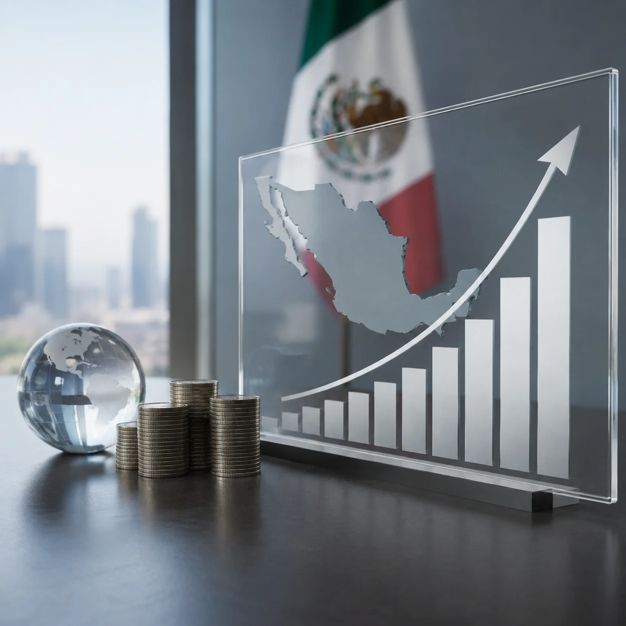 Gráfica ascendente sobre mapa de México con bandera nacional, globo terráqueo y monedas que representan el récord de inversión extranjera directa