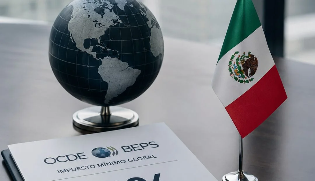 Globo terráqueo junto a bandera de México y documento oficial con el logotipo de la OCDE y la leyenda "BEPS Impuesto Mínimo Global", simbolizando el impacto del Pilar 2 en la fiscalidad mexicana.