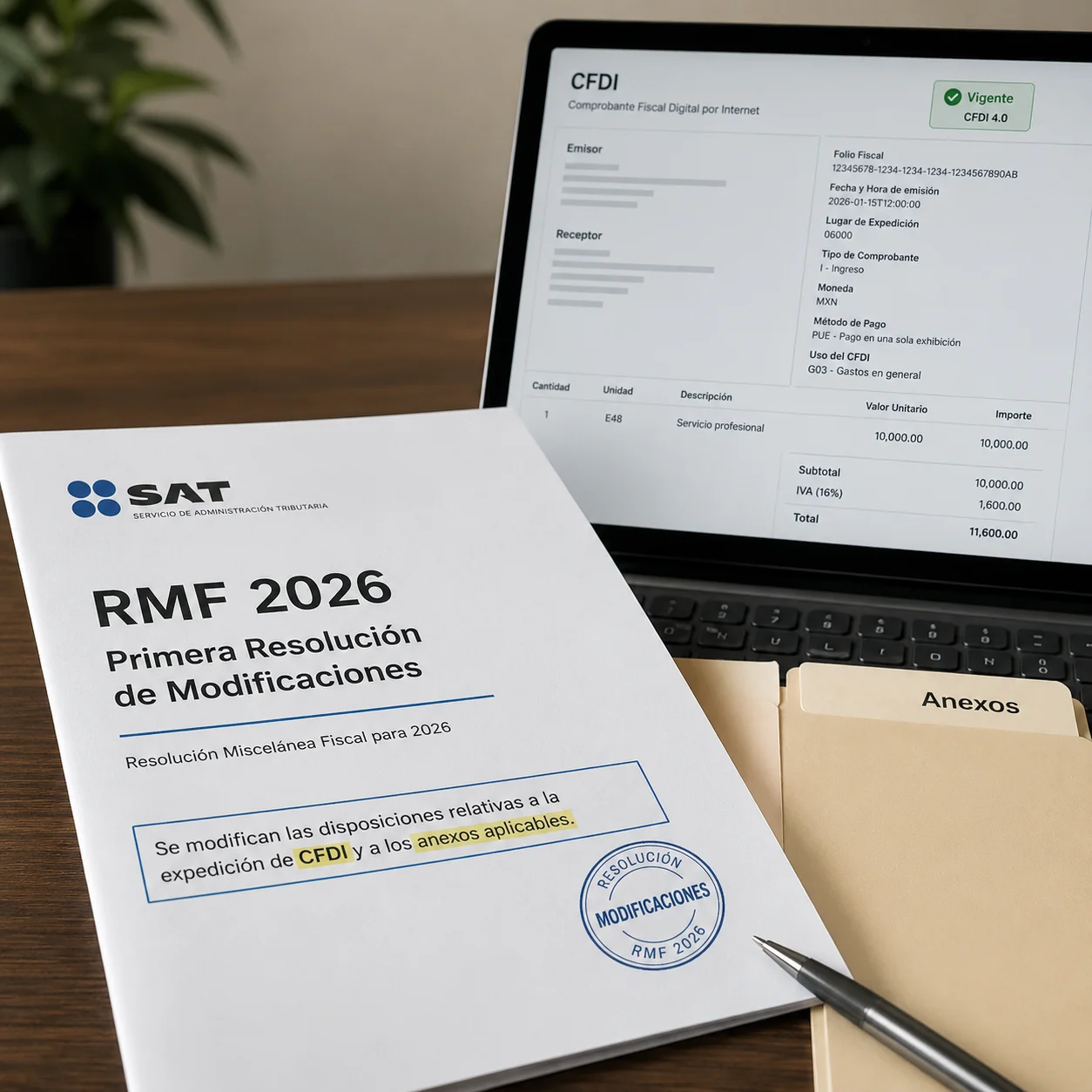 Documento del SAT con la Primera Resolución de Modificaciones a la RMF 2026 junto a laptop mostrando un CFDI vigente y fólder de anexos