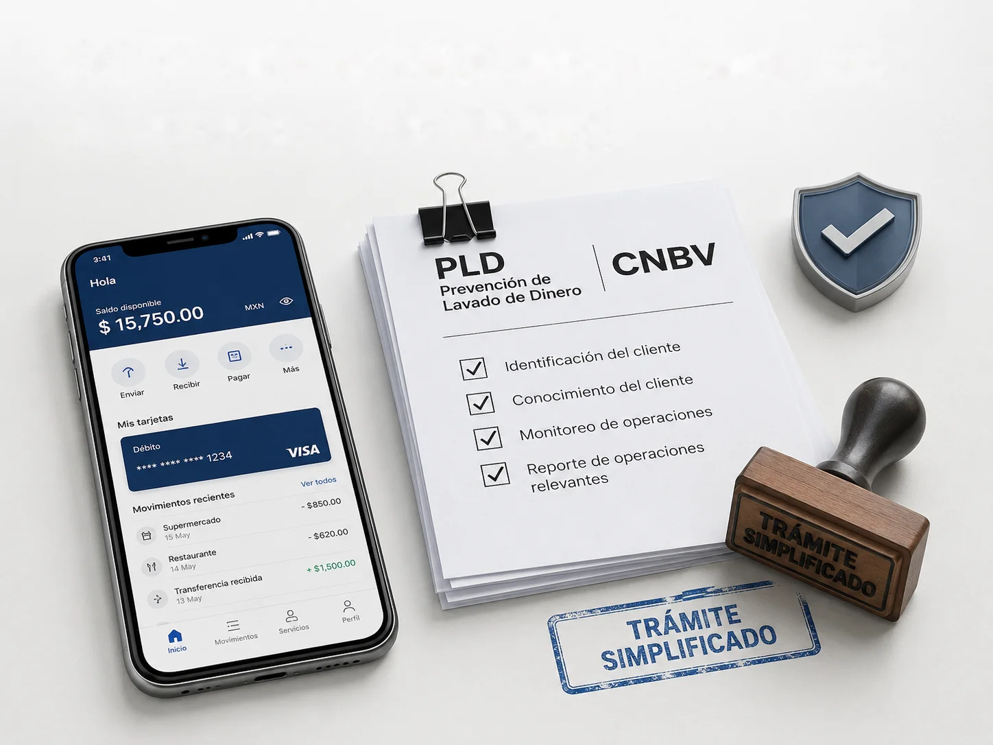Aplicación fintech en un celular junto a un documento PLD de la CNBV con sello de trámite simplificado.
