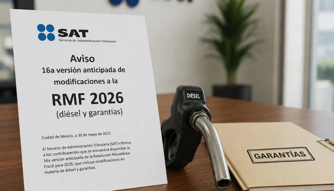 Aviso del SAT sobre la 16a versión anticipada de modificaciones a la RMF 2026 en materia de diésel y garantías, junto a una boquilla de diésel y una carpeta de garantías