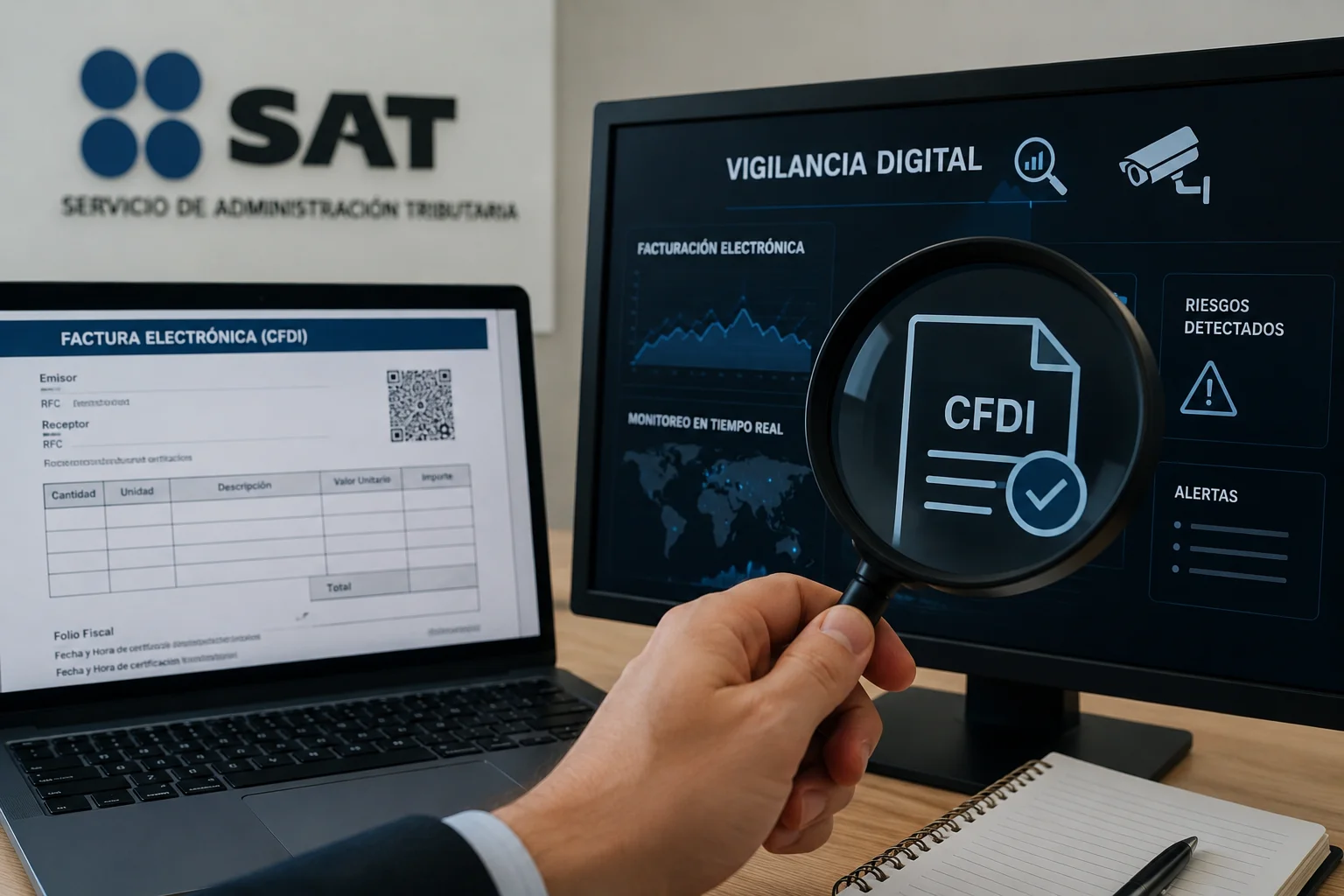 Monitor con panel de vigilancia digital del SAT y mano con lupa revisando un CFDI junto a factura electrónica en laptop