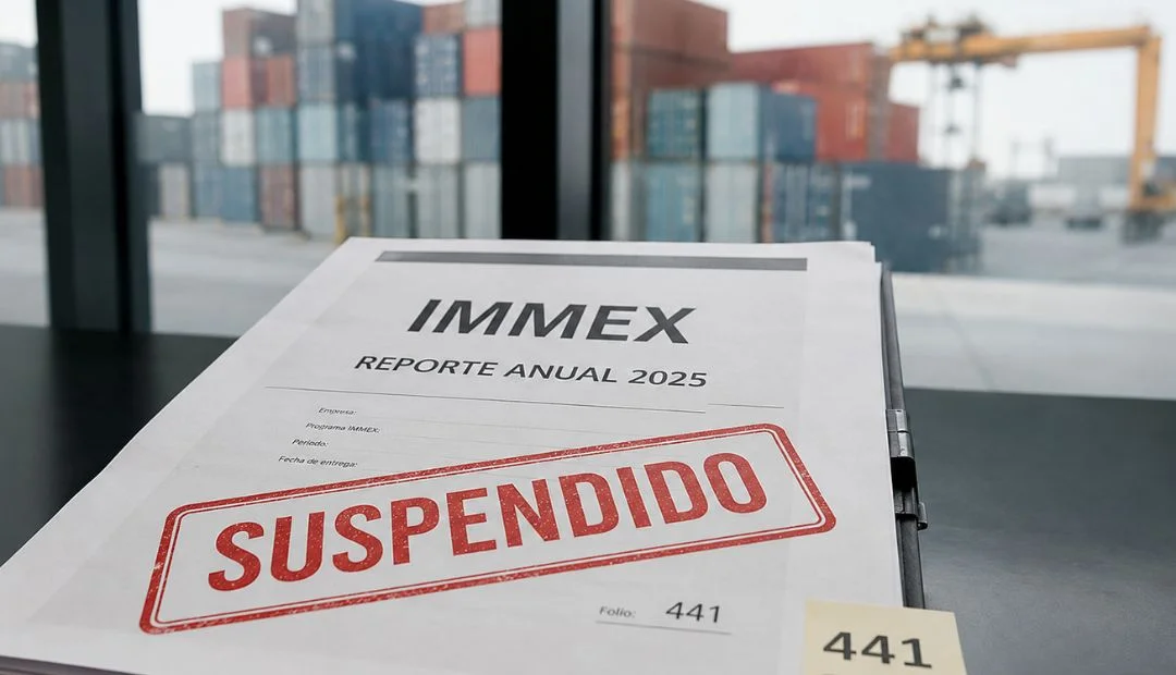 Reporte anual IMMEX 2025 con sello de SUSPENDIDO sobre un fondo de contenedores de comercio exterior