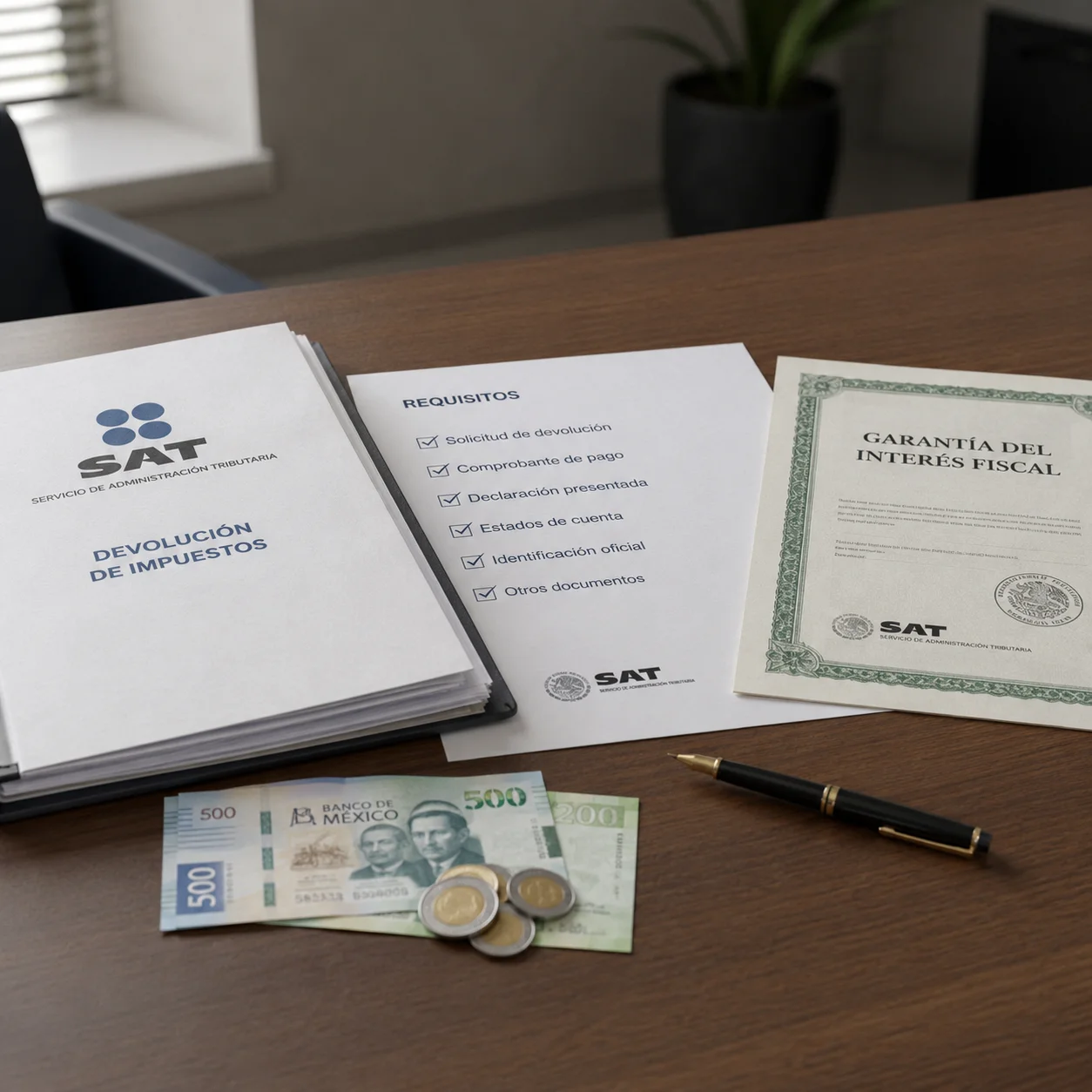 Folder del SAT de devolución de impuestos junto a un certificado de garantía del interés fiscal, checklist de requisitos y billetes sobre un escritorio.