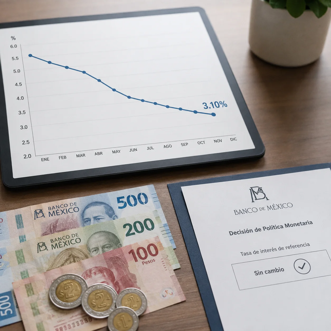 Tablet con una gráfica de inflación descendente hasta 3.10% y un documento de Banxico con la tasa de referencia sin cambio, junto a billetes mexicanos.
