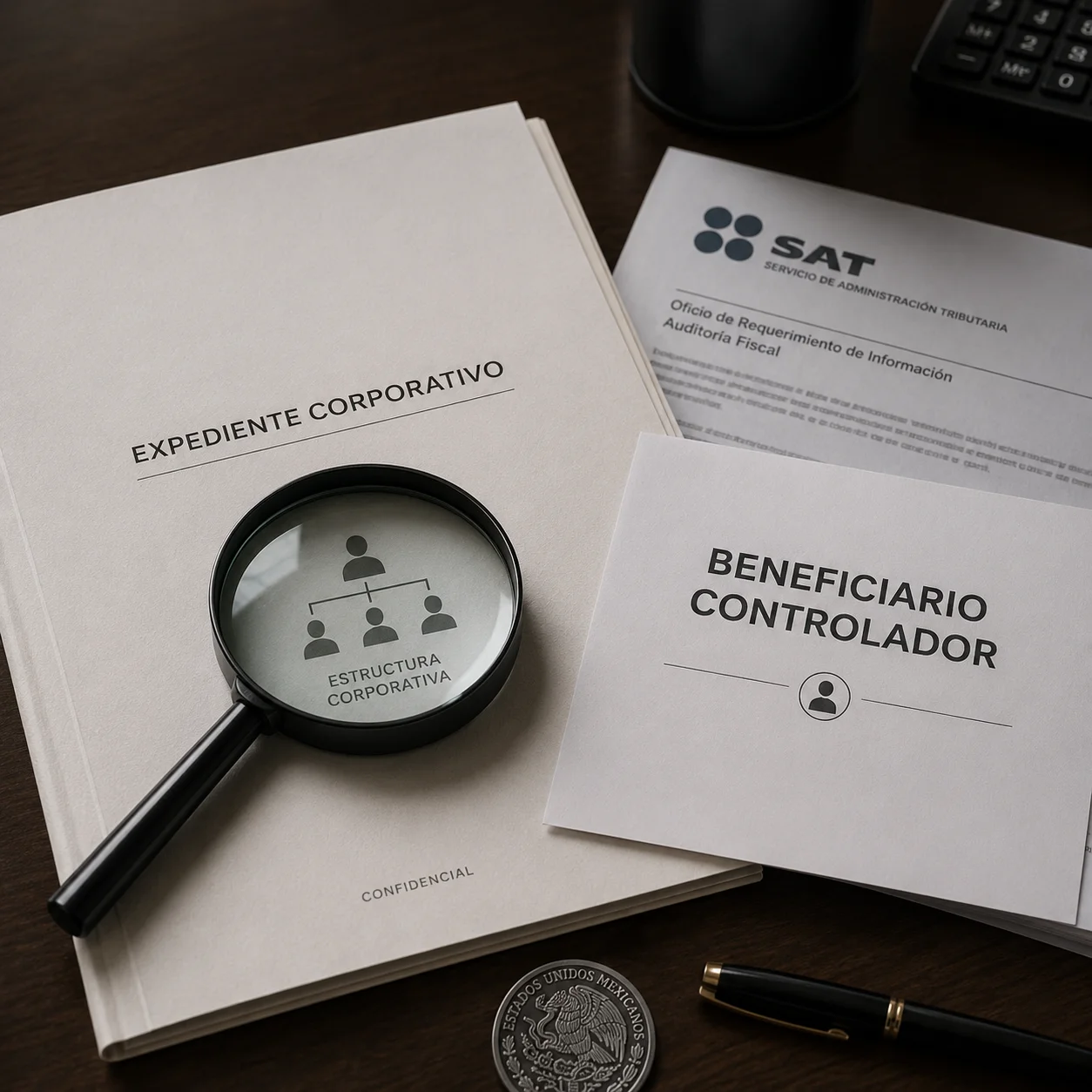 Lupa sobre un organigrama en un expediente corporativo, junto a un documento de beneficiario controlador y un oficio de requerimiento del SAT.