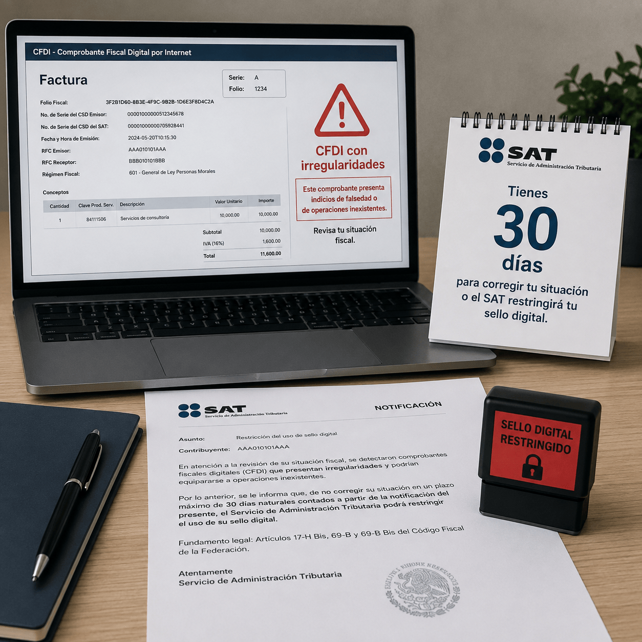 Laptop con un CFDI marcado con irregularidades, un calendario que advierte 30 días para corregir y un sello rojo de sello digital restringido.
