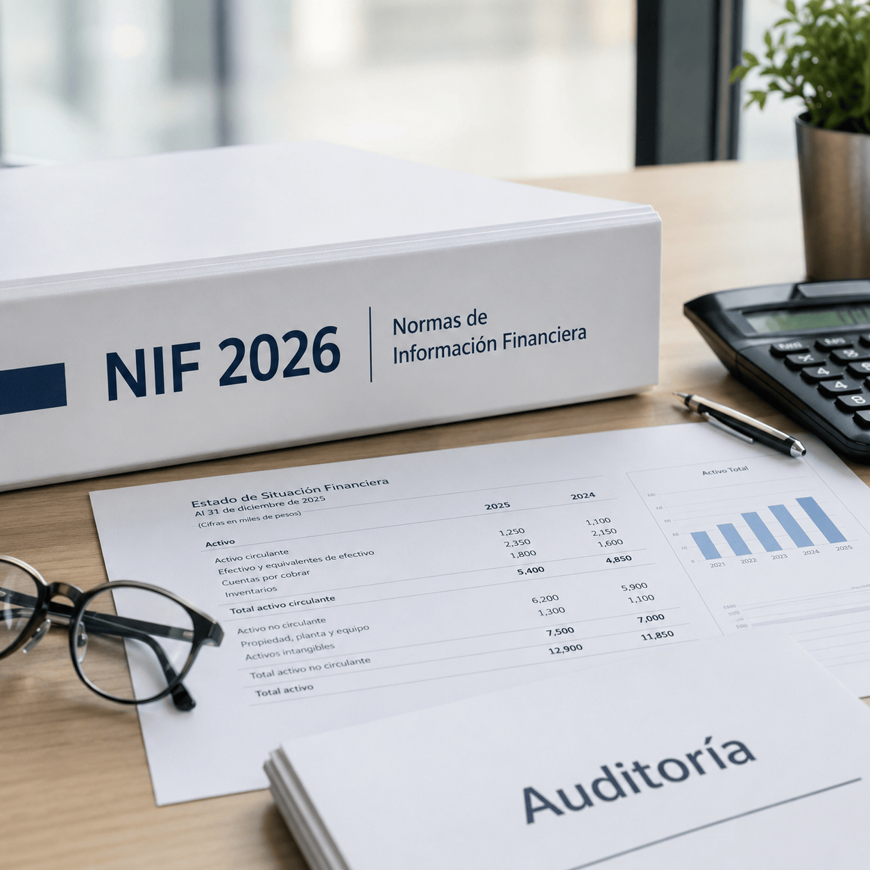 Libro NIF 2026 de Normas de Información Financiera sobre estados financieros, con calculadora, lentes y la palabra auditoría.