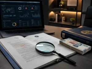 Documentos legales, lupa y billetes mexicanos junto a un sistema de monitoreo financiero, representando la reforma a las reglas de prevención de lavado de dinero en México.