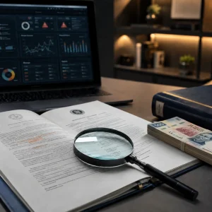 Documentos legales, lupa y billetes mexicanos junto a un sistema de monitoreo financiero, representando la reforma a las reglas de prevención de lavado de dinero en México.