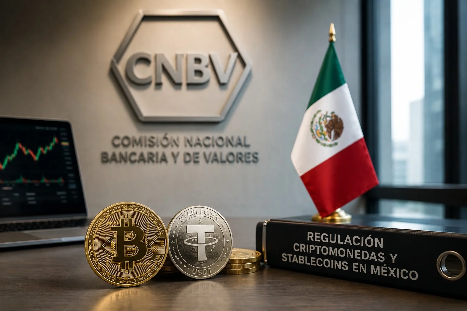 Logo de la CNBV con monedas de criptomonedas y stablecoins y la bandera de México, sobre la regulación de activos digitales