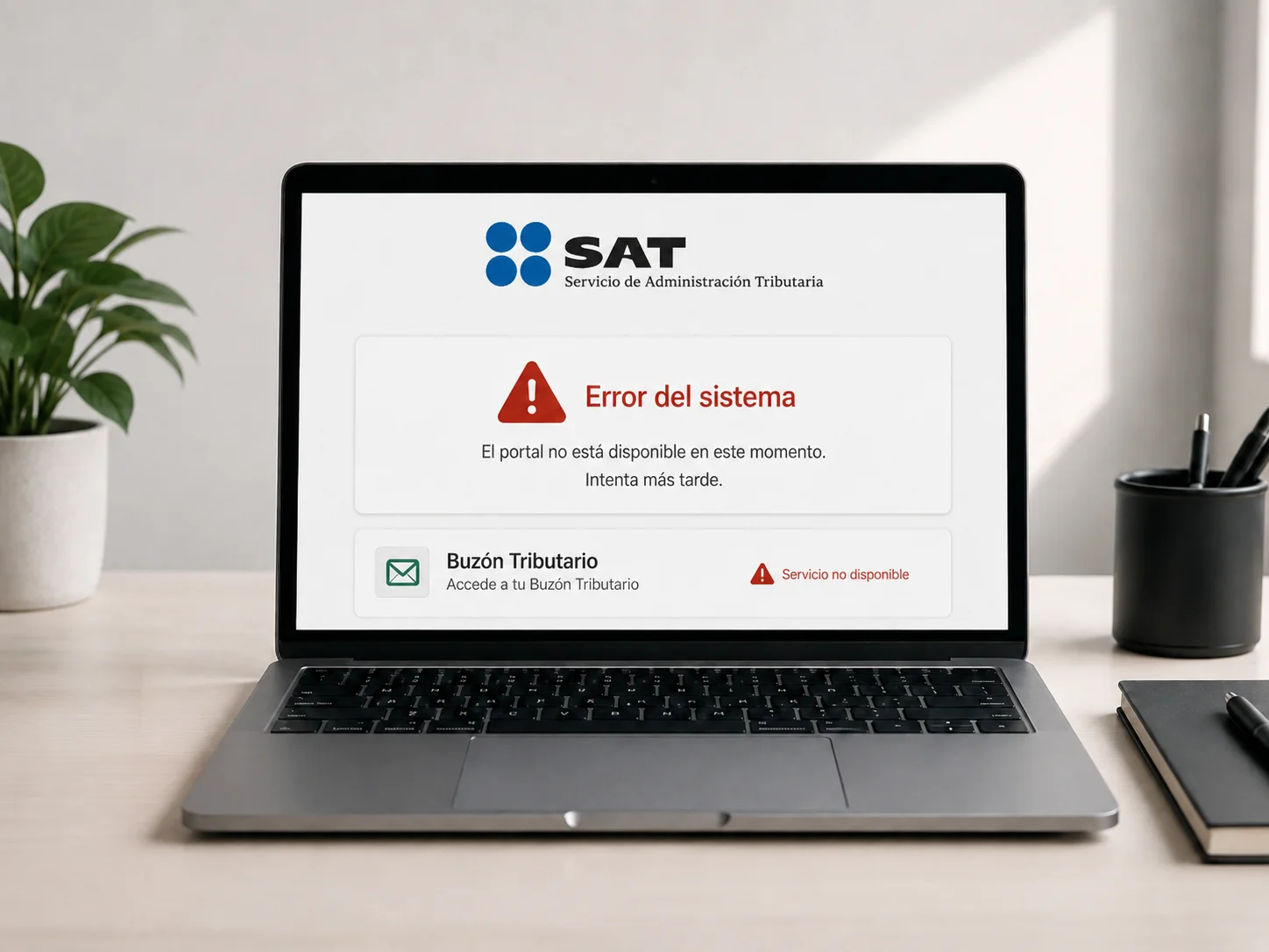 Laptop mostrando un mensaje de error del sistema junto a la bandera de México, alusivo a las fallas del buzón tributario y el portal del SAT.