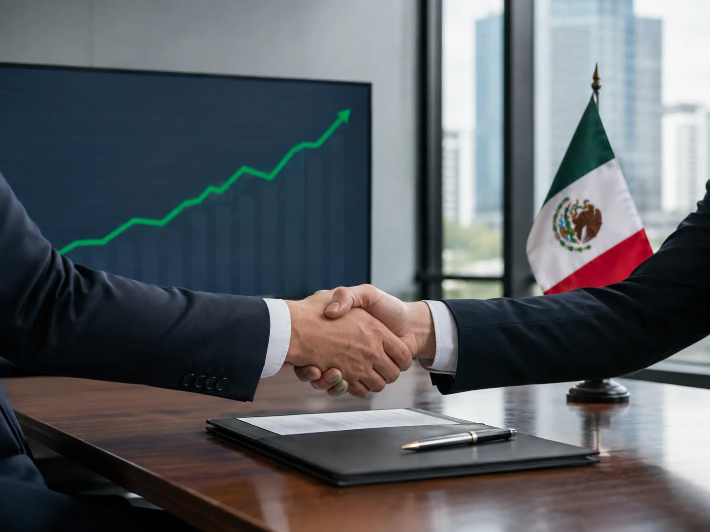 Apretón de manos entre empresarios frente a una gráfica financiera ascendente y la bandera de México, símbolo del crecimiento de fusiones y adquisiciones.