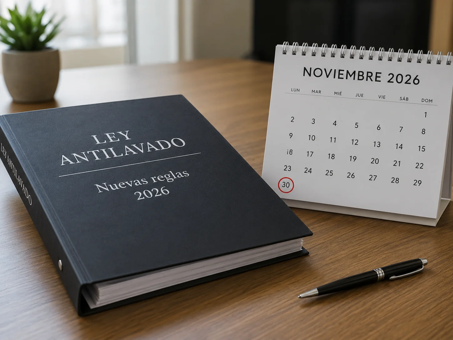 Calendario de noviembre de 2026 con el día 30 marcado junto a la bandera de México, alusivo a la fecha límite de la nueva ley antilavado.