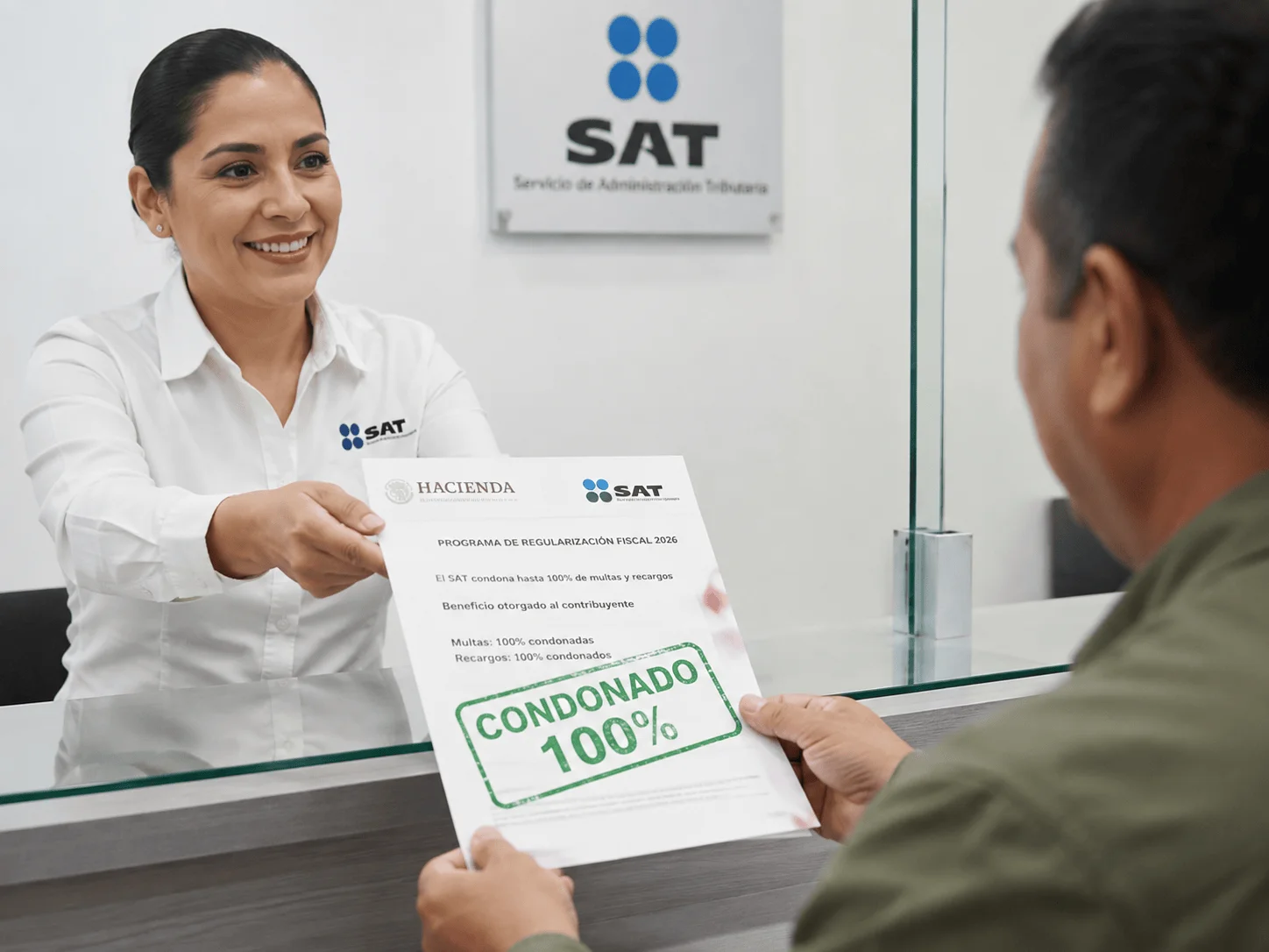 Folder del programa de regularización fiscal 2026 del SAT con nota de 100% de condonación de multas, calculadora y bandera de México.