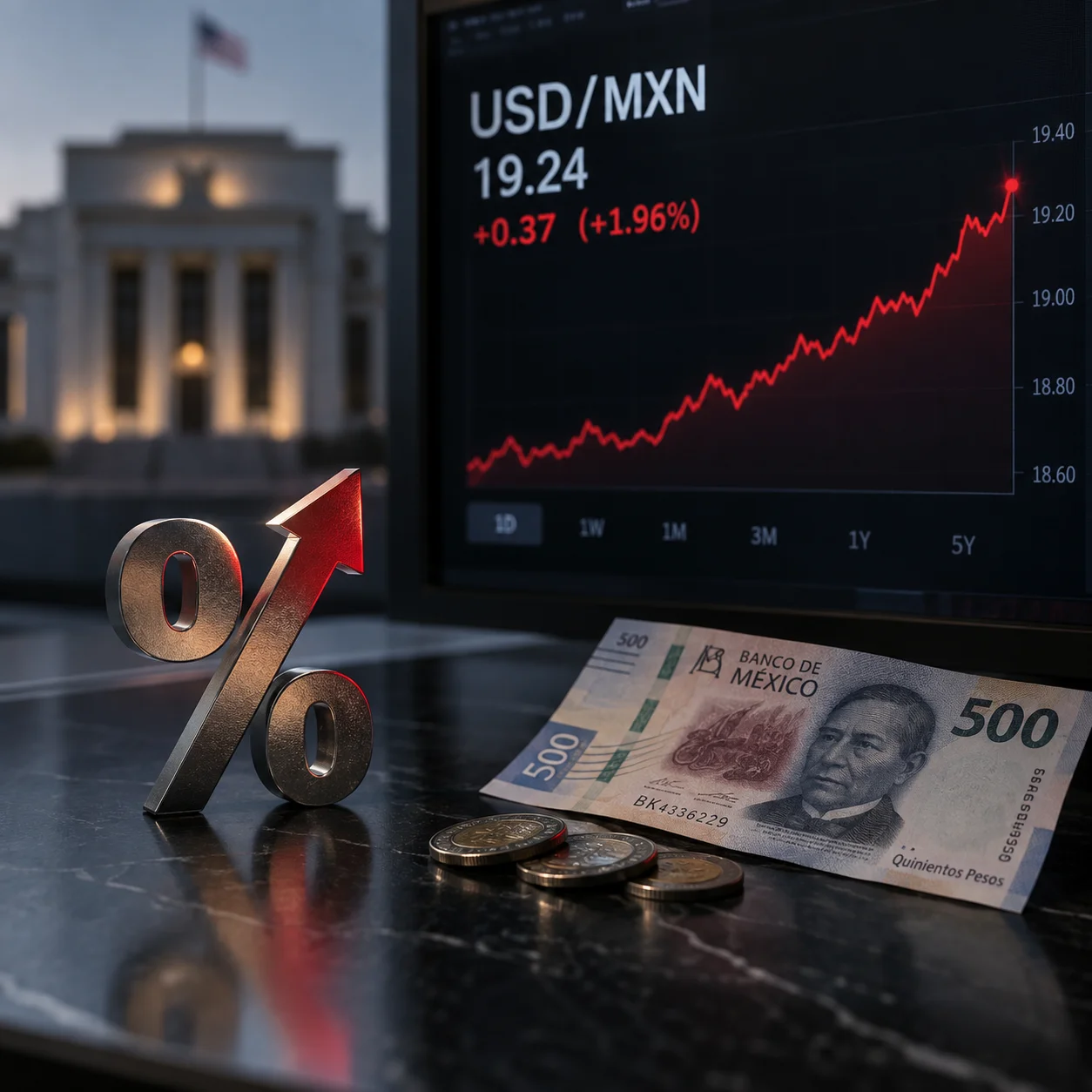 Símbolo de porcentaje en ascenso frente al edificio de la Reserva Federal y una gráfica del tipo de cambio USD/MXN al alza, representando el efecto del aumento de tasas de la Fed en el peso mexicano.