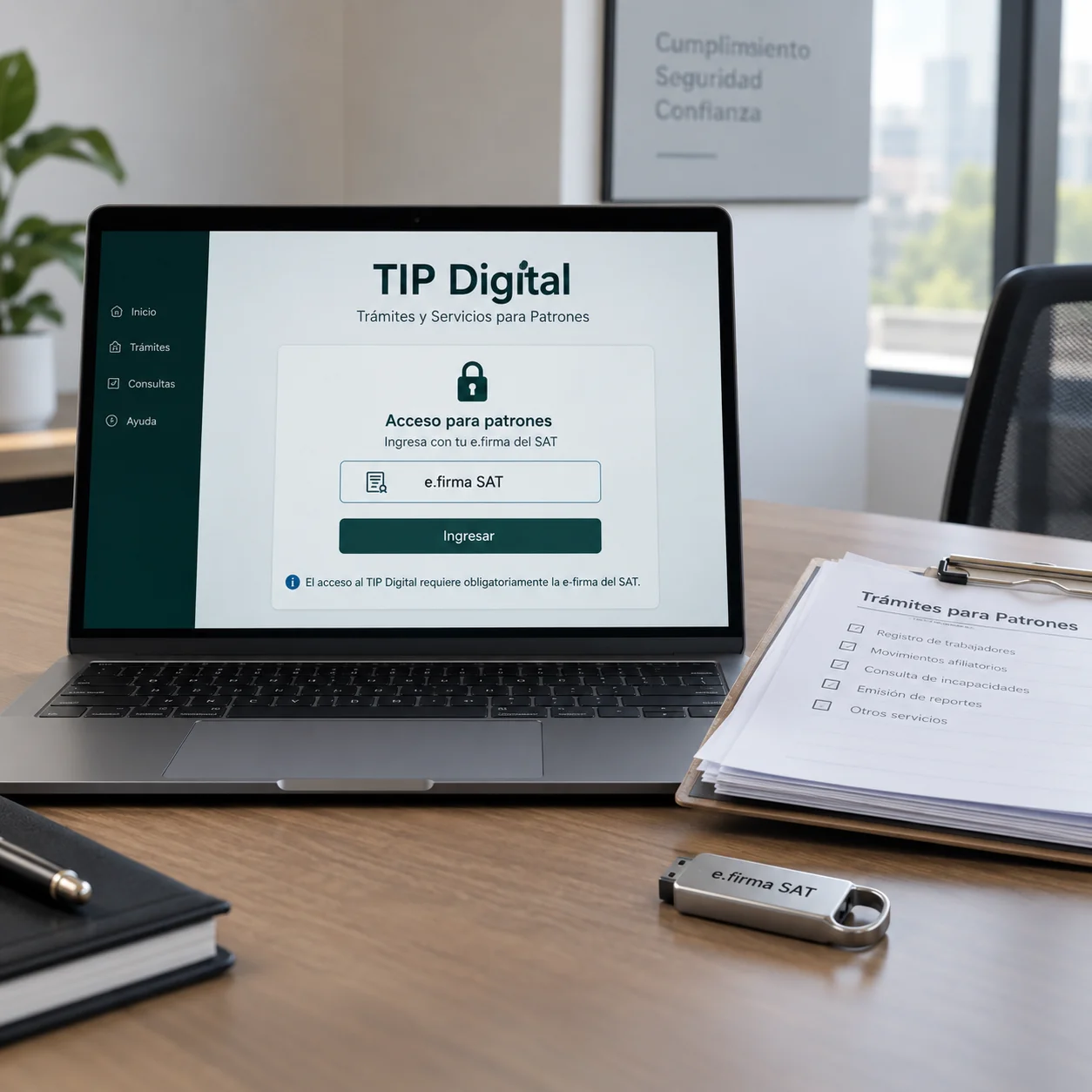 Pantalla de acceso al TIP Digital del IMSS que requiere la e.firma del SAT para trámites patronales, con una memoria USB de e.firma sobre el escritorio.