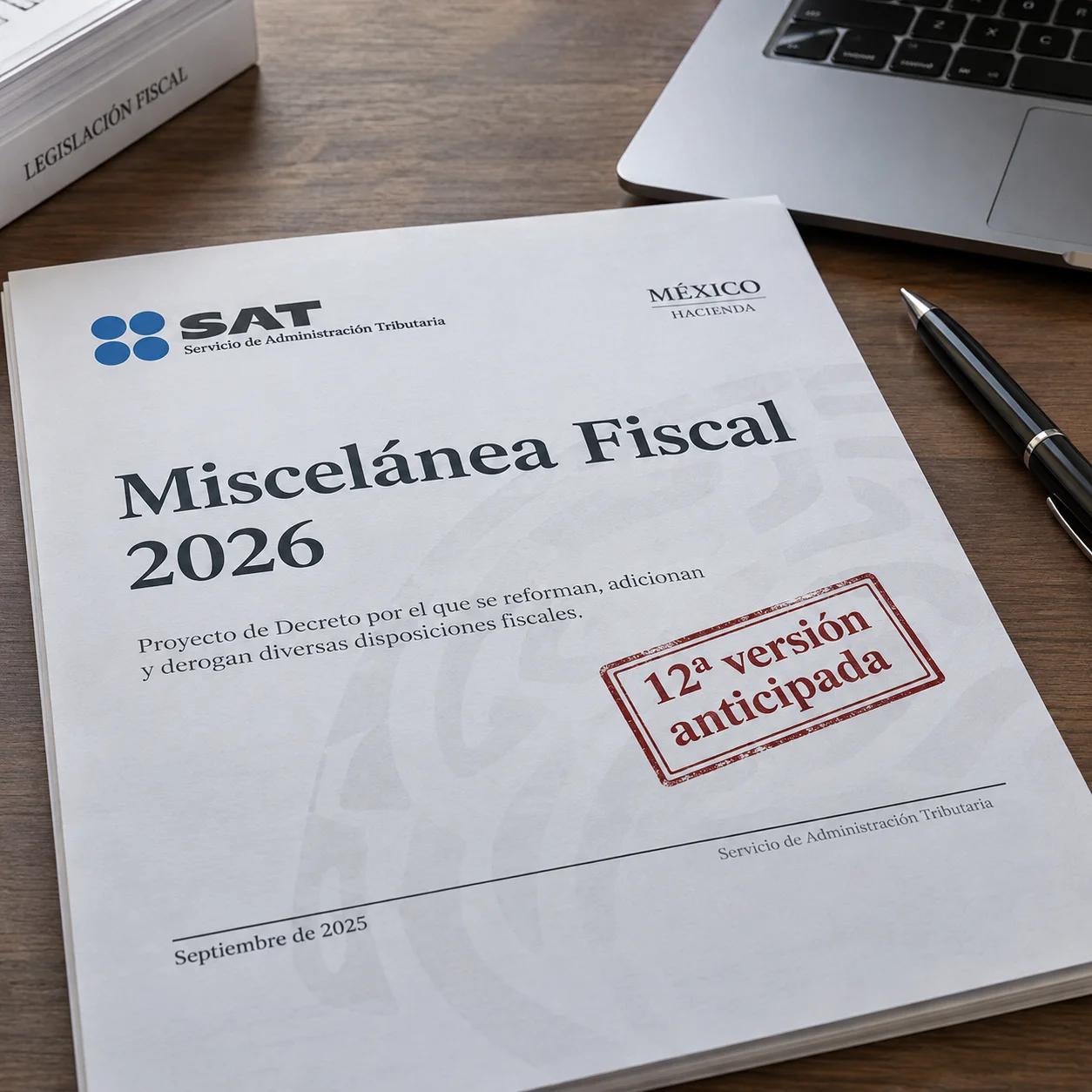 Portada del documento de la Miscelánea Fiscal 2026 del SAT con el sello de la duodécima versión anticipada de modificaciones.