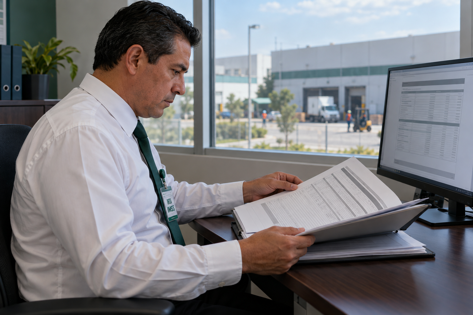 Escritorio de oficina con documentos de nómina y laptop que recibe un requerimiento del IMSS